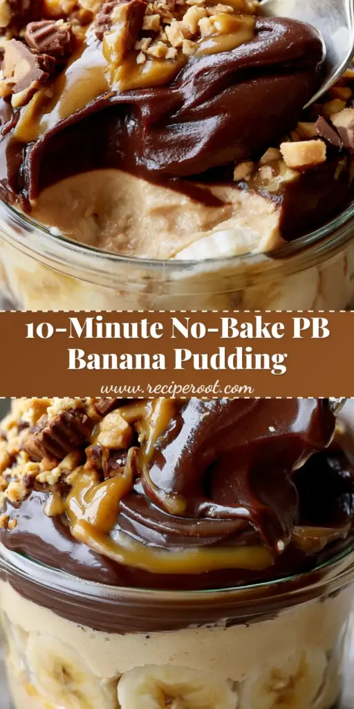 Chocolate Peanut Butter Banana Pudding: The Ultimate Layered Dessert 3 A tall glass jar showing layers of dark chocolate cookie crumbs, tan peanut butter mousse with banana slices, and thick chocolate pudding. (Chocolate Peanut Butter Banana Pudding)