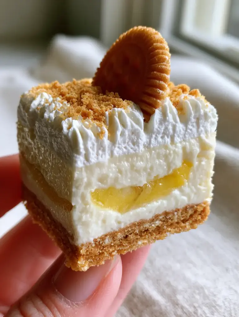 Side view of a banana pudding bar held between fingers, highlighting the golden-brown crust and fresh banana coins.