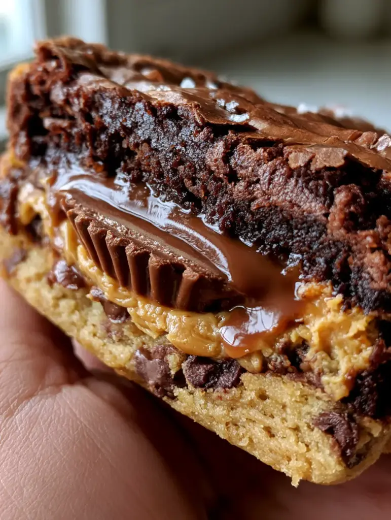 Peanut Butter Cup Stuffed Brookies: The Ultimate Molten Center Dessert 2 Extreme macro photo of a sliced Peanut Butter Cup Stuffed Brookie showing the shiny cracked brownie crust and oozing peanut butter center.