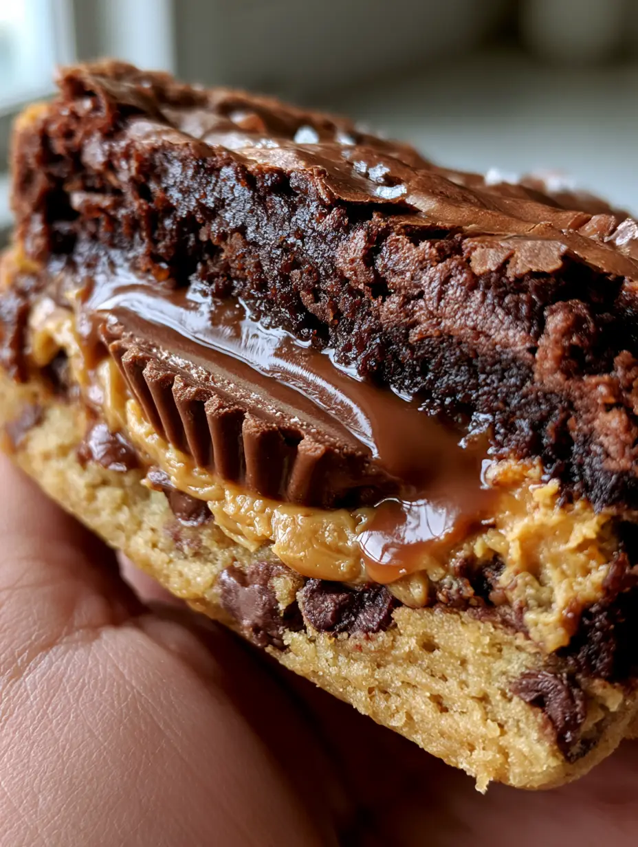 Peanut Butter Cup Stuffed Brookies: The Ultimate Molten Center Dessert 3 Extreme macro photo of a sliced Peanut Butter Cup Stuffed Brookie showing the shiny cracked brownie crust and oozing peanut butter center.