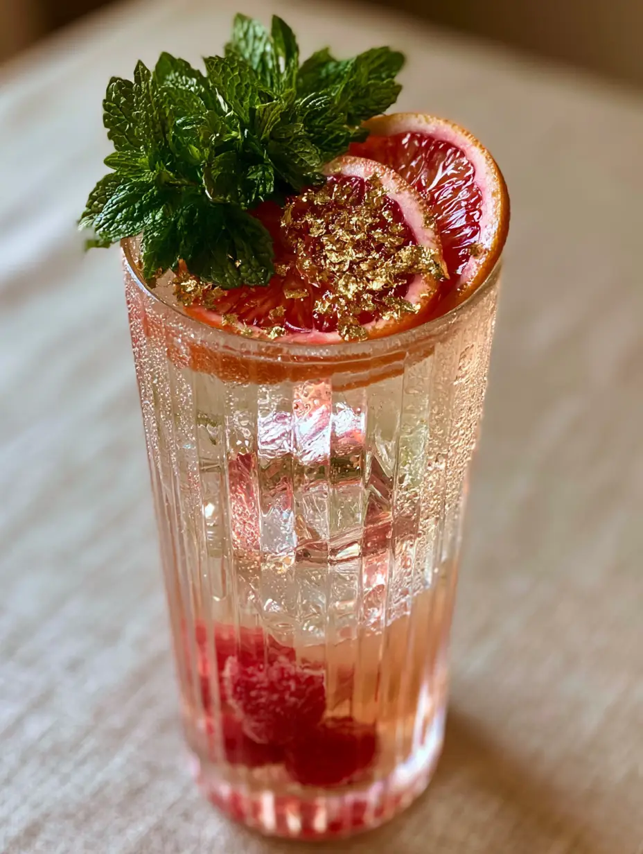 Wedding Drinks: The Elegant Gold-Flaked Blood Orange Blush Spritz 3 Close up of wedding drinks in ribbed glassware with blood orange slices and condensation.