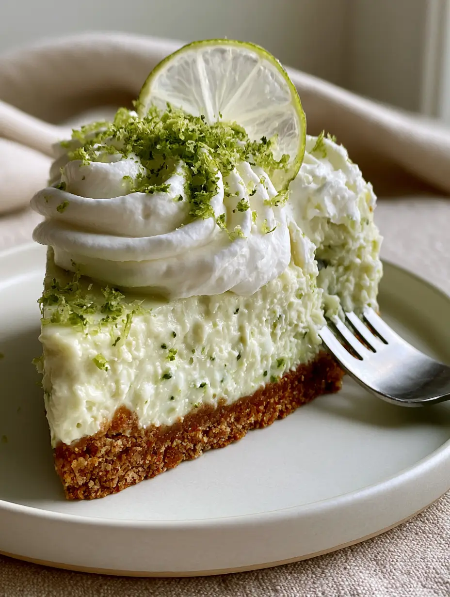 Detailed shot of a silver fork pressing into a dense, silky Key Lime Pie Cheesecake slice showing creamy texture.