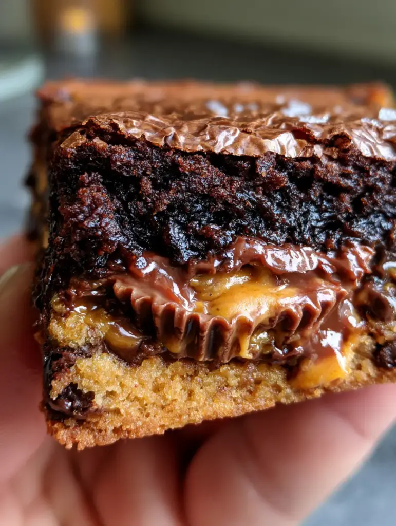 Peanut Butter Cup Stuffed Brookies: The Ultimate Molten Center Dessert 1 Close up of Peanut Butter Cup Stuffed Brookies being held, revealing the distinct layers of brownie, peanut butter cup, and chocolate chip cookie.
