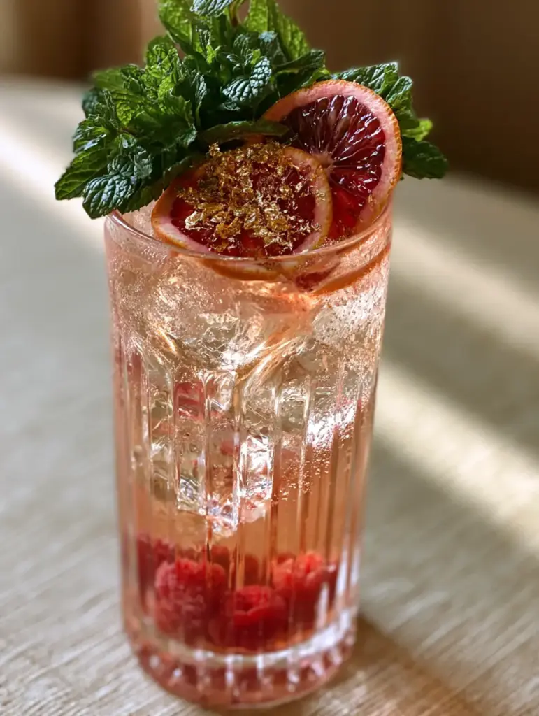 Wedding Drinks: The Elegant Gold-Flaked Blood Orange Blush Spritz 1 Aesthetic wedding drinks featuring clear ice cubes and raspberries at the base.