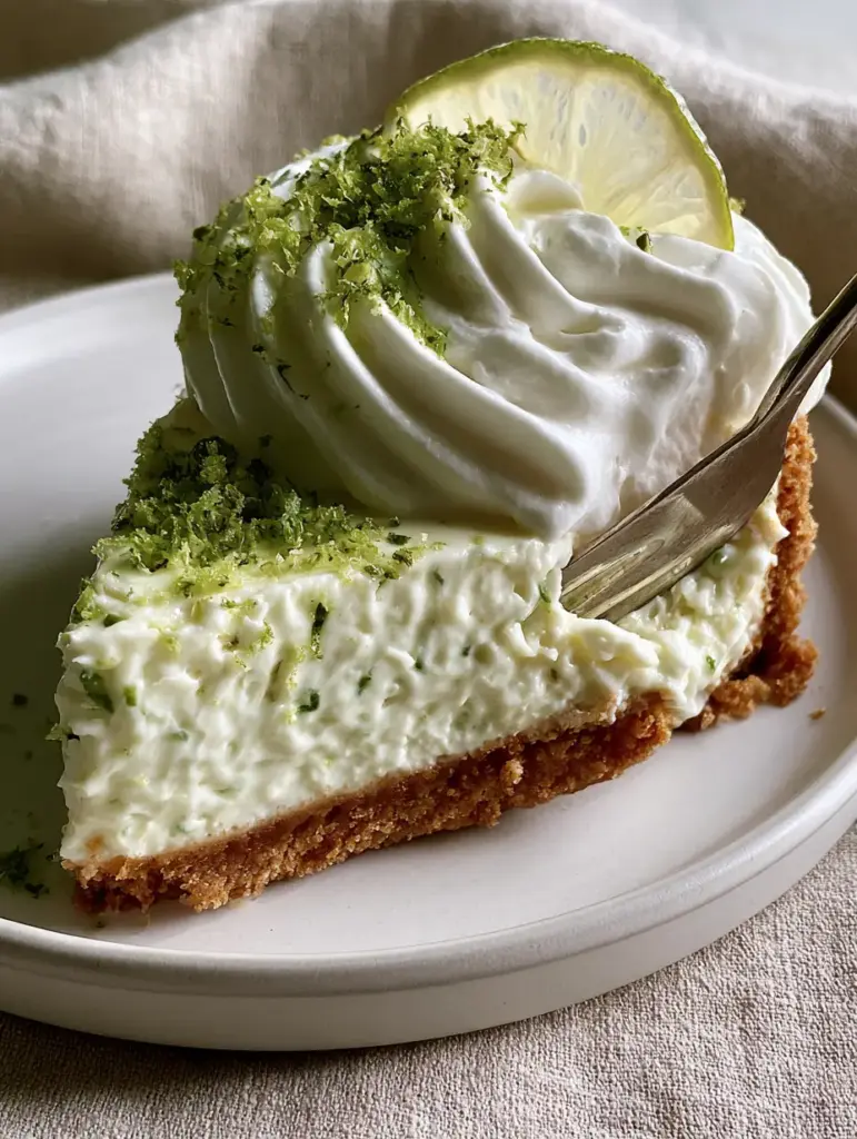 A full Key Lime Pie Cheesecake garnished with lime wheels and fresh mint on a neutral beige linen background.