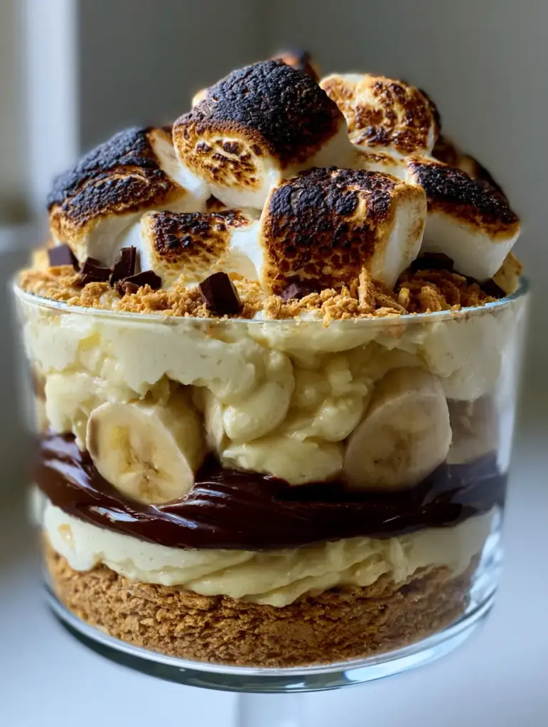 S'mores Banana Pudding: The Ultimate Toasted Marshmallow and Chocolate Trifle 2 A handheld smartphone photo showcasing a clear glass trifle bowl with buttery graham cracker base, creamy banana pudding layers, and charred golden-brown marshmallows. (S'mores Banana Pudding)