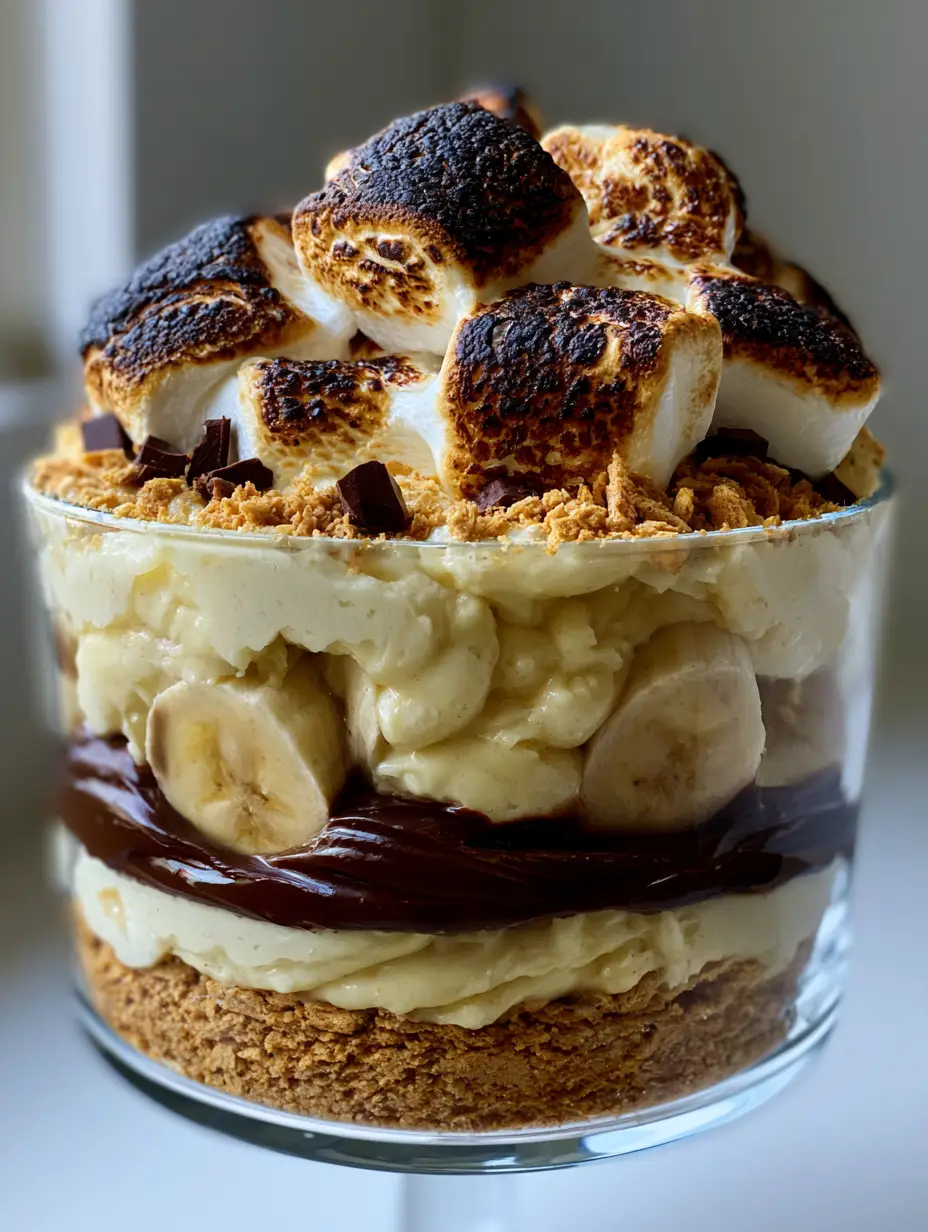 S'mores Banana Pudding: The Ultimate Toasted Marshmallow and Chocolate Trifle 3 A handheld smartphone photo showcasing a clear glass trifle bowl with buttery graham cracker base, creamy banana pudding layers, and charred golden-brown marshmallows. (S'mores Banana Pudding)