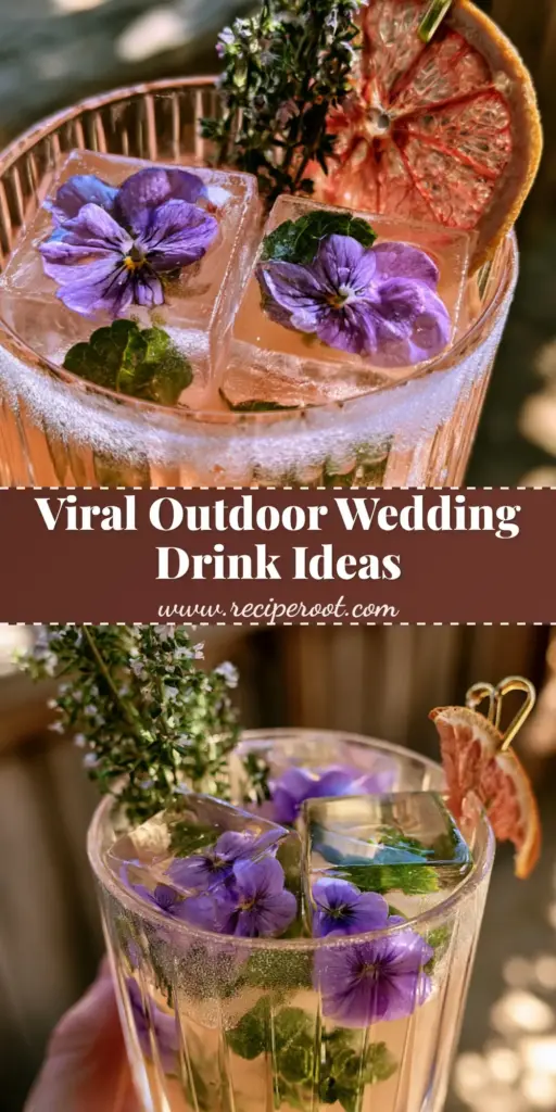 Outdoor Wedding Drinks: The Peach Botanical Spritz with Floral Ice Artistry 4 A close-up of premium outdoor wedding drinks featuring peach botanical liquid in a ribbed crystal glass with floral ice cubes and a gold-clipped grapefruit garnish.