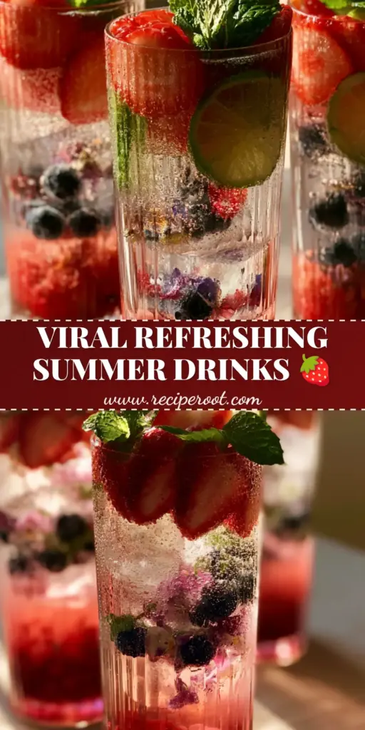 Summer drinks: Sparkling Hibiscus and Muddled Strawberry Botanical Spritzer 4 A trio of tall ribbed glasses filled with sparkling hibiscus and strawberry water featuring floating lime, mint, and strawberry slices during golden hour. (summer drinks)
