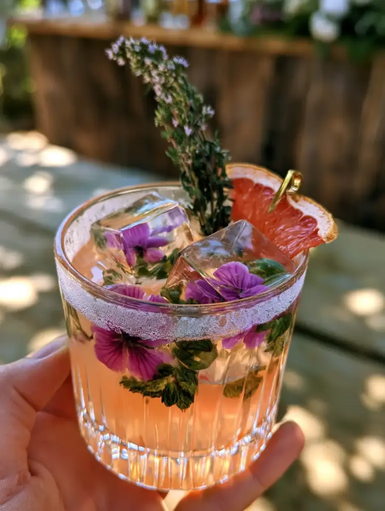 Outdoor Wedding Drinks: The Peach Botanical Spritz with Floral Ice Artistry 2 High-angle shot of a pale peach outdoor wedding drink in a ribbed glass with pansy-infused ice and flowering thyme.
