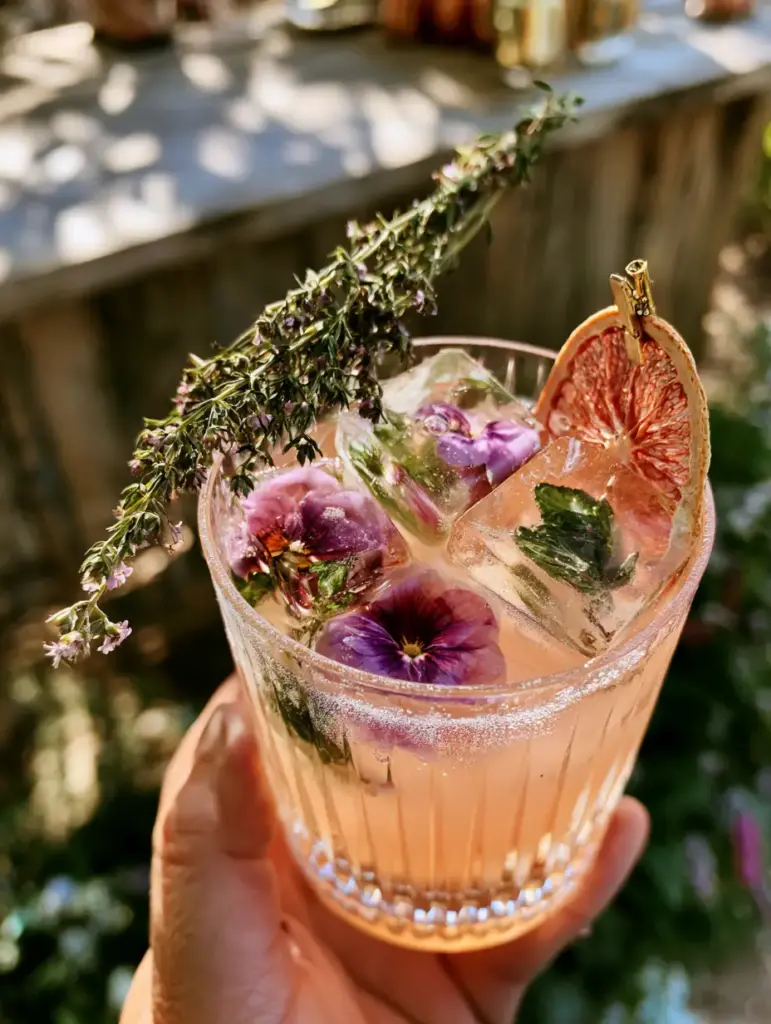 Outdoor Wedding Drinks: The Peach Botanical Spritz with Floral Ice Artistry 1 Detailed view of frozen edible pansies and mint inside clear square ice cubes for outdoor wedding drinks.