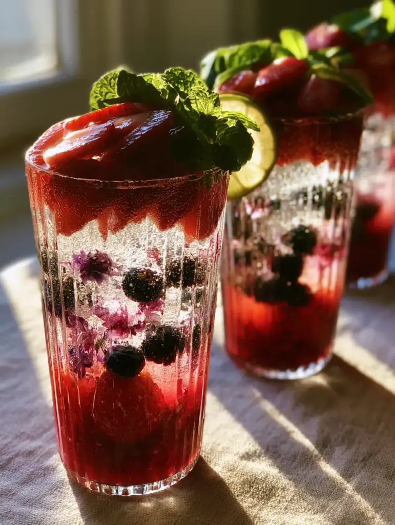 Summer drinks: Sparkling Hibiscus and Muddled Strawberry Botanical Spritzer 2 Elegant ribbed glassware showing the deep ruby gradient of muddled strawberries and pink hibiscus syrup. (summer drinks)