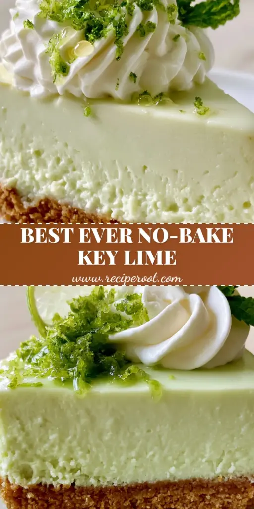 A tall slice of no-bake Key Lime Cheesecake with a thick graham cracker crust and whipped cream garnish. (Key Lime Cheesecake)