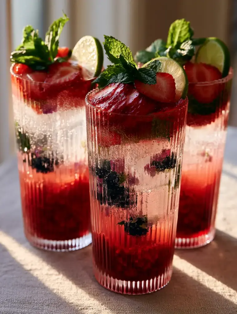 Summer drinks: Sparkling Hibiscus and Muddled Strawberry Botanical Spritzer 1 Close up of artisanal ice cubes containing frozen blueberries and edible pansy petals in a sparkling drink.