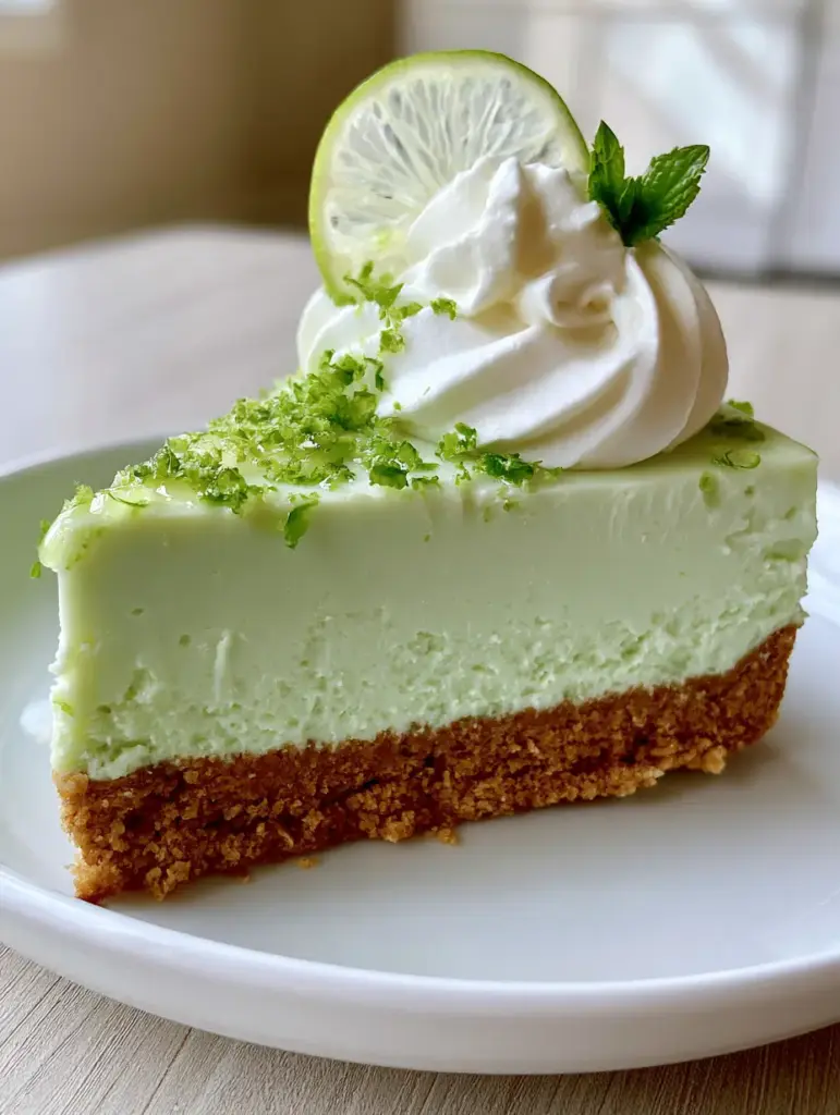 A perfectly garnished slice of Key Lime Cheesecake on a white plate with mint and lime wheels.