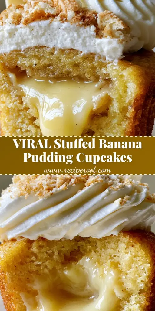 Banana Pudding Cupcakes with Oozing Vanilla Bean Filling 4 A tall stack of banana pudding cupcakes with high-peak whipped cream and banana slices. (banana pudding cupcakes)