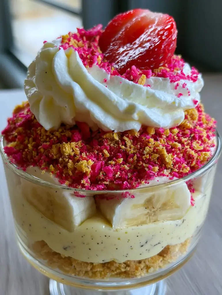 Strawberry Crunch Banana Pudding: The Ultimate Creamy Layered Dessert 1 Close-up of strawberry crunch banana pudding featuring stiff whipped cream peaks and glistening strawberry half garnish.