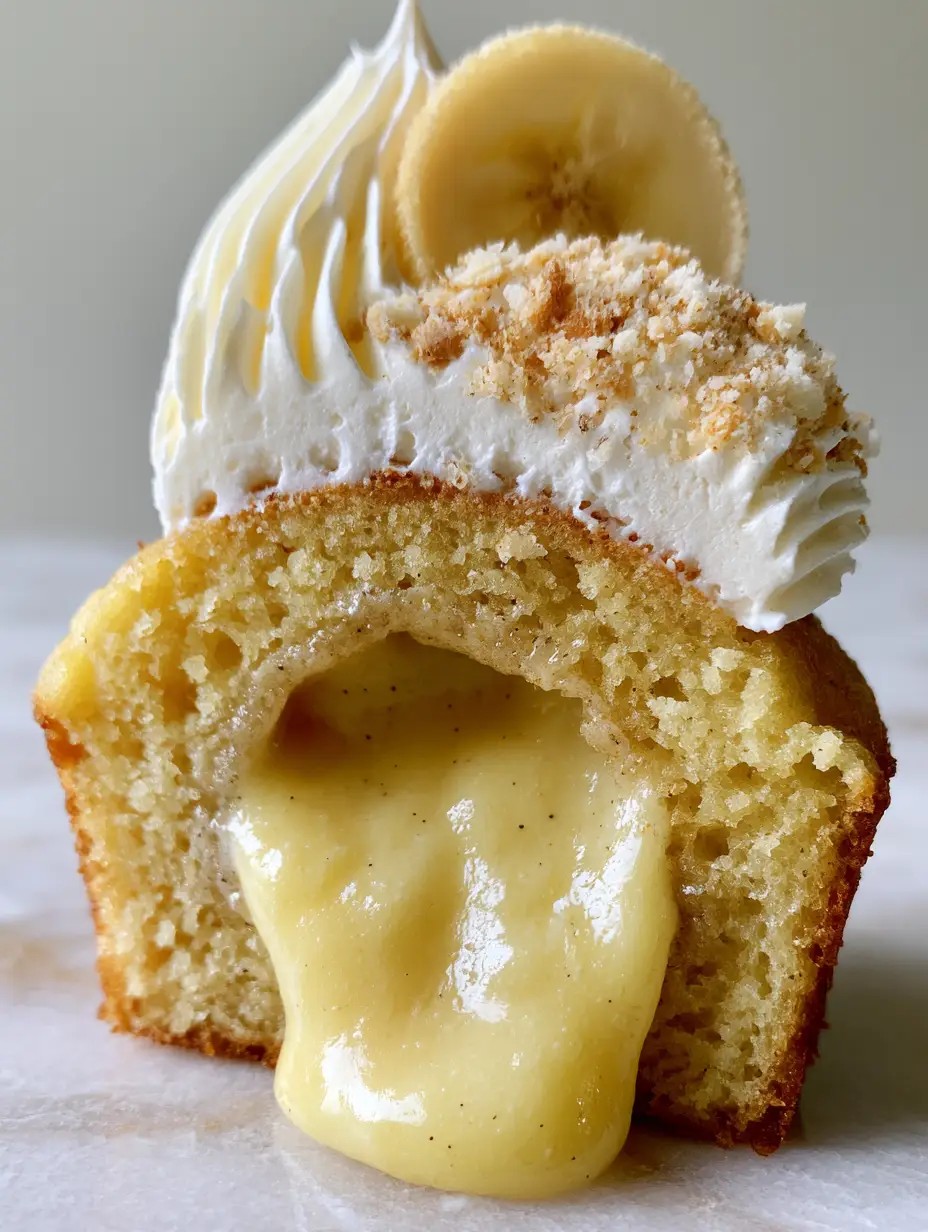 Banana Pudding Cupcakes with Oozing Vanilla Bean Filling 3 A macro handheld photo of a cross-section of a moist golden banana pudding cupcake showing the oozing vanilla bean filling. (banana pudding cupcakes)
