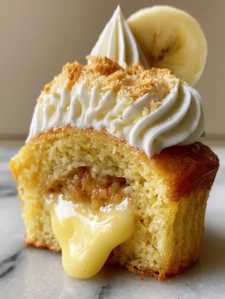 Banana Pudding Cupcakes with Oozing Vanilla Bean Filling 1 Close up of the stiff whipped cream frosting on banana pudding cupcakes topped with wafer crumbles. (banana pudding cupcakes)