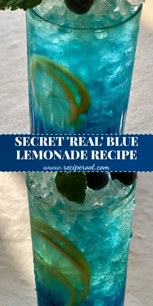 Blue Lemonade Recipe: The Naturally Electric Summer Refresher 3 A tall ribbed glass of electric Blue Lemonade with a sapphire gradient, crushed ice, lemon wheels, and frosted blueberries on top.