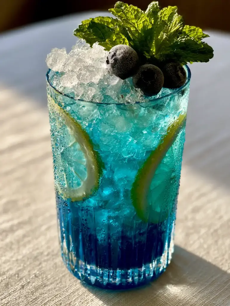 Blue Lemonade Recipe: The Naturally Electric Summer Refresher 2 Close-up of Blue Lemonade in ribbed glassware showing condensation and translucent lemon wheels.