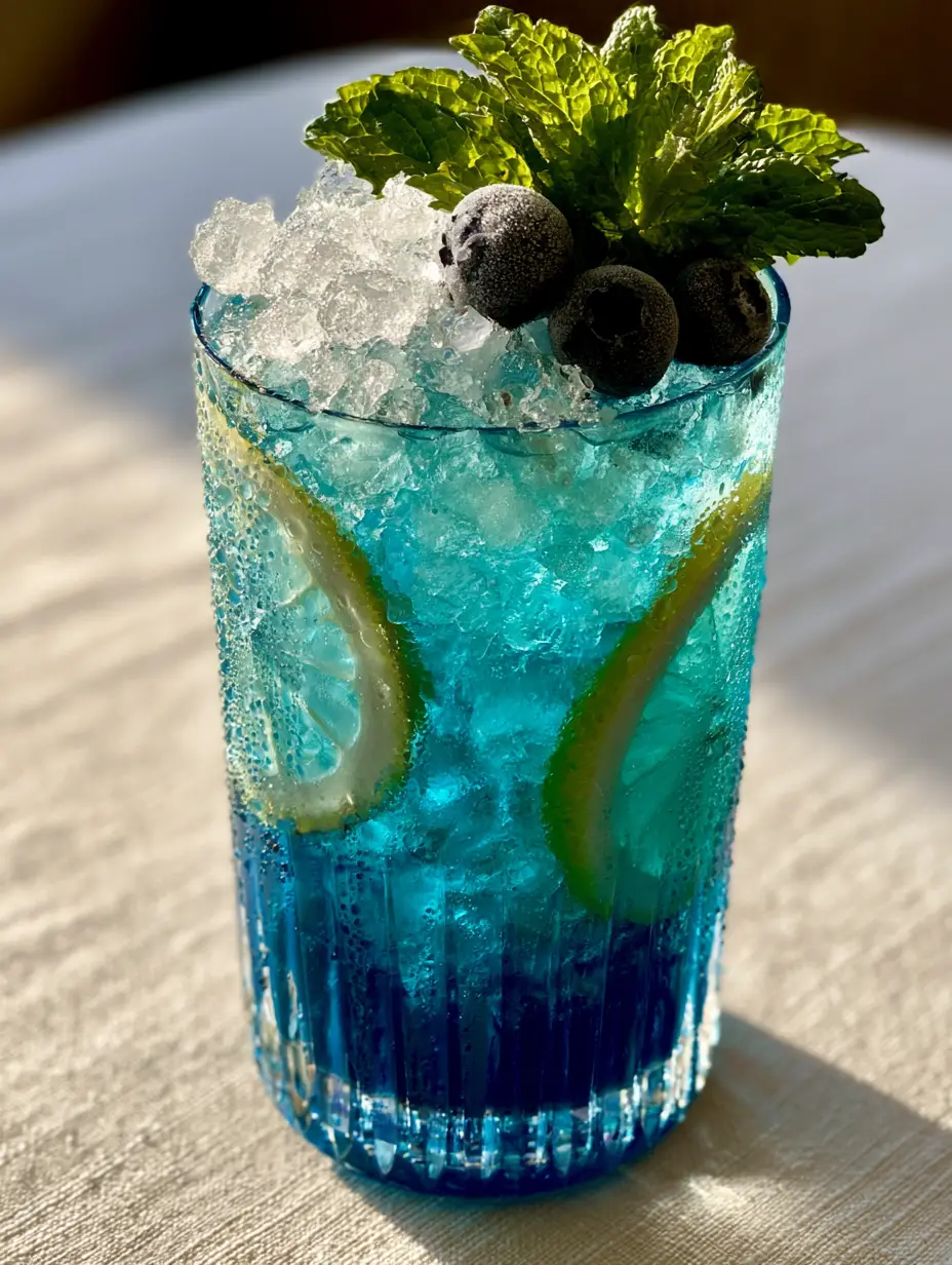 Blue Lemonade Recipe: The Naturally Electric Summer Refresher 4 Close-up of Blue Lemonade in ribbed glassware showing condensation and translucent lemon wheels.
