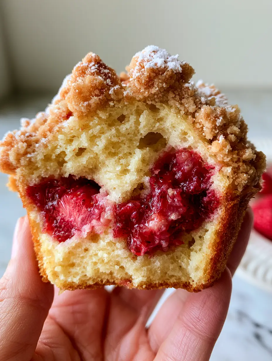 Strawberry Shortcake Muffins with Craggy Brown Sugar Streusel 3 A handheld photo of a broken-open Strawberry Shortcake Muffin showing a steaming, jammy crimson interior and a golden buttery cake crumb.