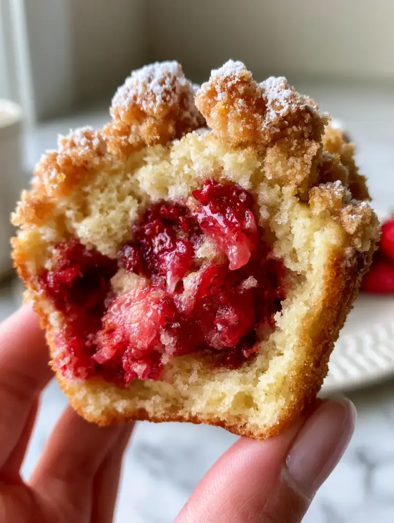 Strawberry Shortcake Muffins with Craggy Brown Sugar Streusel 1 A freshly baked Strawberry Shortcake Muffin with oversized jagged streusel clusters and bright crimson strawberry pieces visible through the crumb.