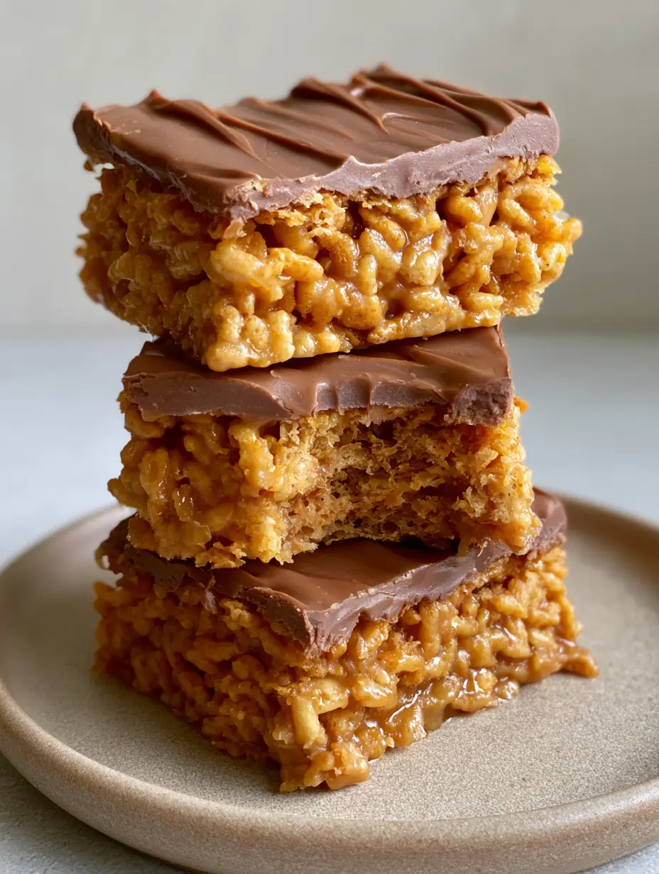 Handheld photo of chex scotcheroos with a bite taken out, showcasing the airy cereal texture and soft ganache topping.