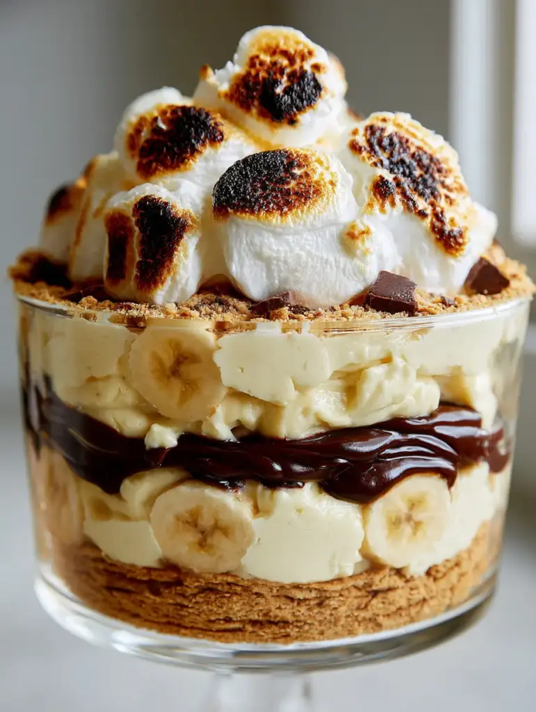 S'mores Banana Pudding: The Ultimate Toasted Marshmallow and Chocolate Trifle 1 A close-up view of a S'mores Banana Pudding focusing on the glossy dark chocolate ganache layer and the gooey, caramelized texture of toasted oversized marshmallows.