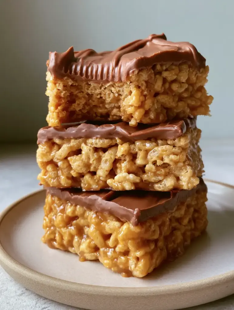 Side view of three thick chex scotcheroos stacked on a neutral plate with soft natural lighting.
