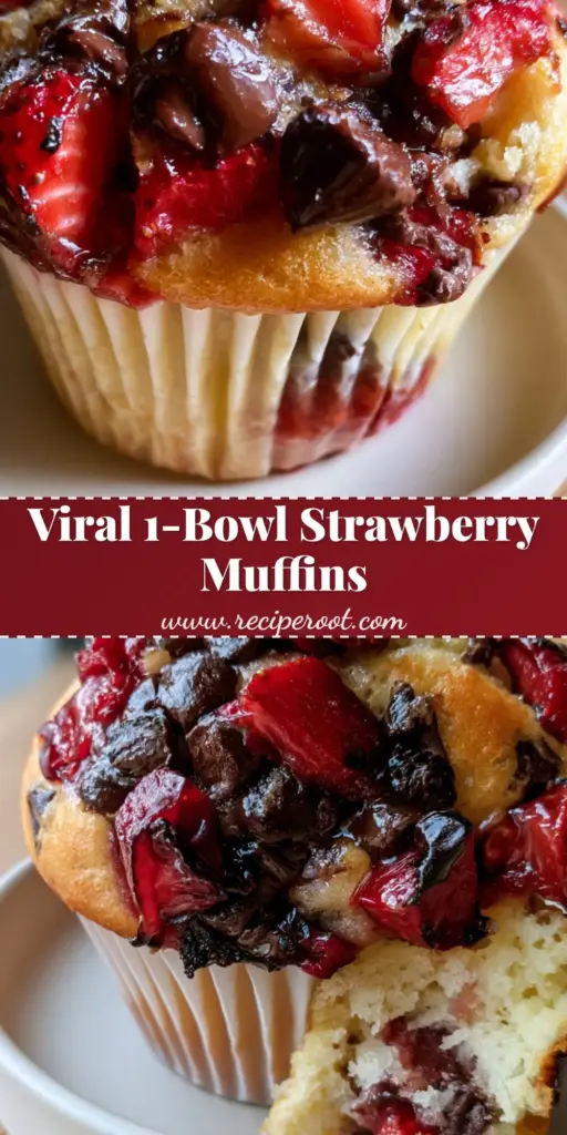 A close-up shot of bakery-style strawberry chocolate chip muffins with high golden domes and glistening sugar crystals.