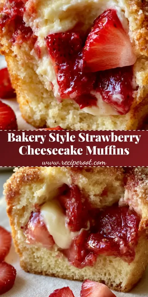 Strawberry Cheesecake Muffins with Buttery Crumble Topping 4 A tall bakery-style Strawberry Cheesecake Muffin with a buttery crumble topping and fresh strawberry garnish on a linen napkin.