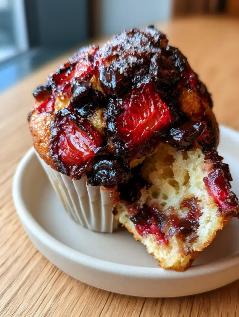A tall, bakery-style strawberry chocolate chip muffin with a high-domed, golden-brown crown and melted dark chocolate chips.