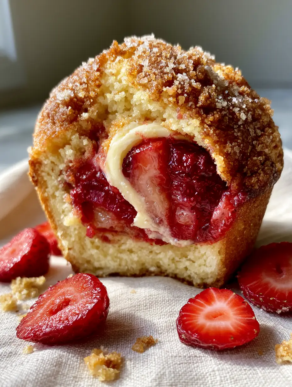 Strawberry Cheesecake Muffins with Buttery Crumble Topping 3 Close-up of a Strawberry Cheesecake Muffin split open to show a velvet-white cheesecake core and glistening red strawberries. (Strawberry Cheesecake Muffins)