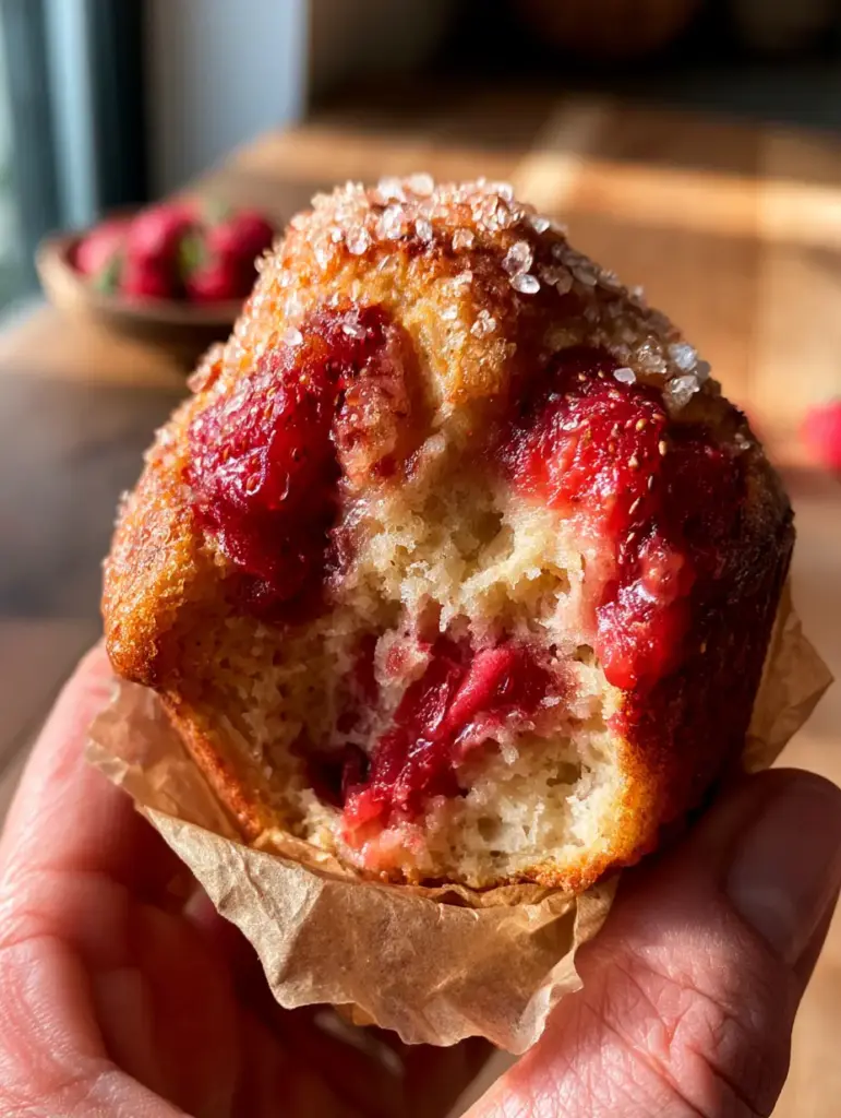 An extreme close-up of a warm strawberry muffin being pulled apart to reveal a moist white crumb and jammy strawberries. (Strawberry Muffins)