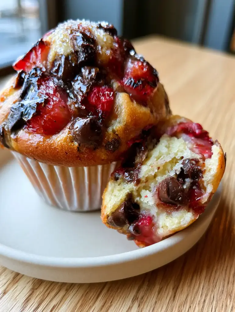 One strawberry chocolate chip muffin broken open to reveal a moist, light, and airy pale-yellow crumb with fruit pockets.