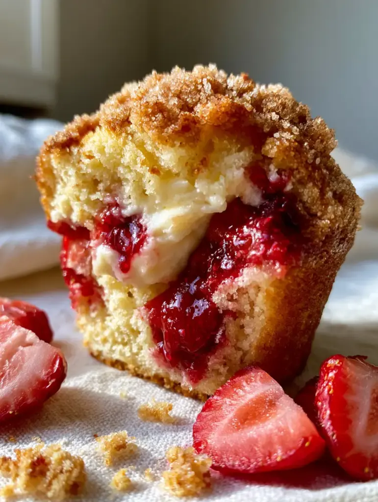Strawberry Cheesecake Muffins with Buttery Crumble Topping 1 A hand holding a high-domed Strawberry Cheesecake Muffin with coarse sugar crystals and a golden-brown crumble top.