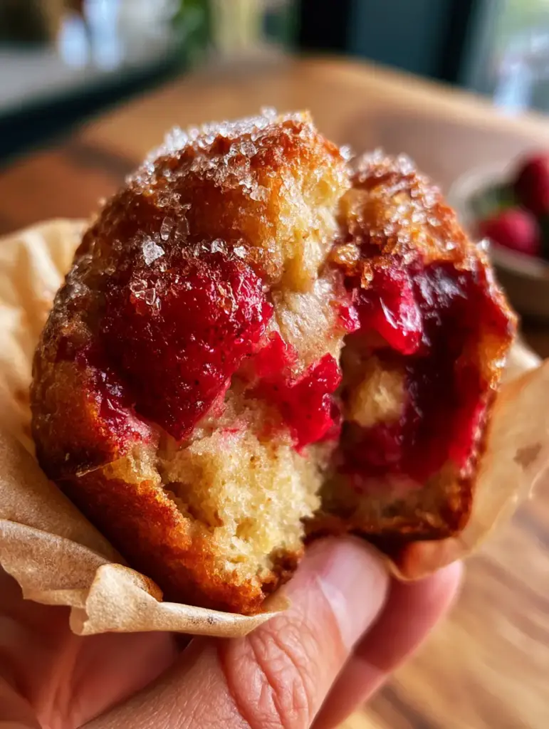 Strawberry Muffins: The Ultimate Bakery-Style Recipe with Jammy Berries 1 Eye-level shot of a golden-brown strawberry muffin in a brown parchment liner with visible turbinado sugar. (Strawberry Muffins)