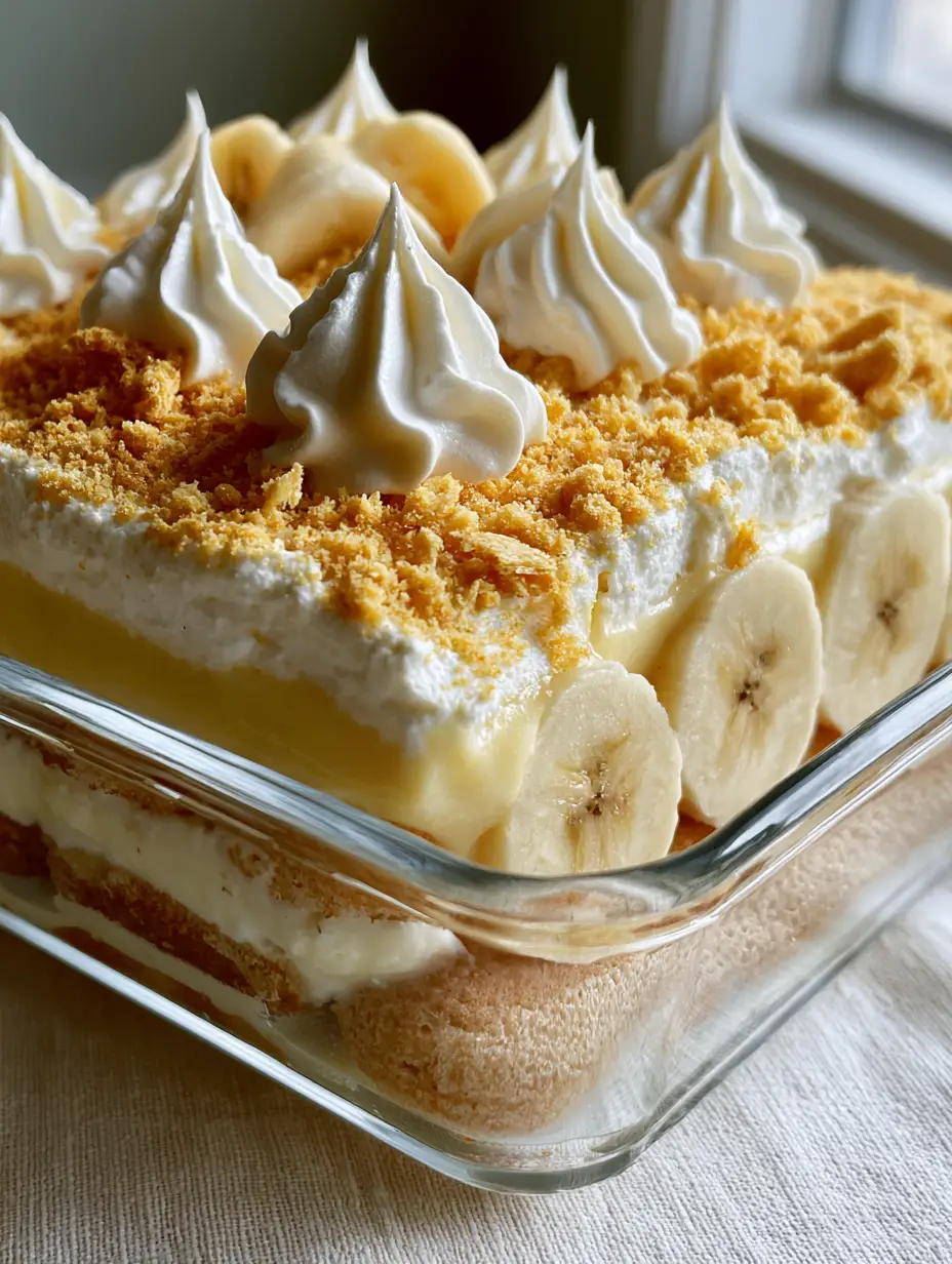 Banana Pudding Tiramisu: The Ultimate No-Bake Fusion Dessert 3 Macro side view of banana pudding tiramisu in a glass dish with whipped cream peaks and vanilla wafer dusting.