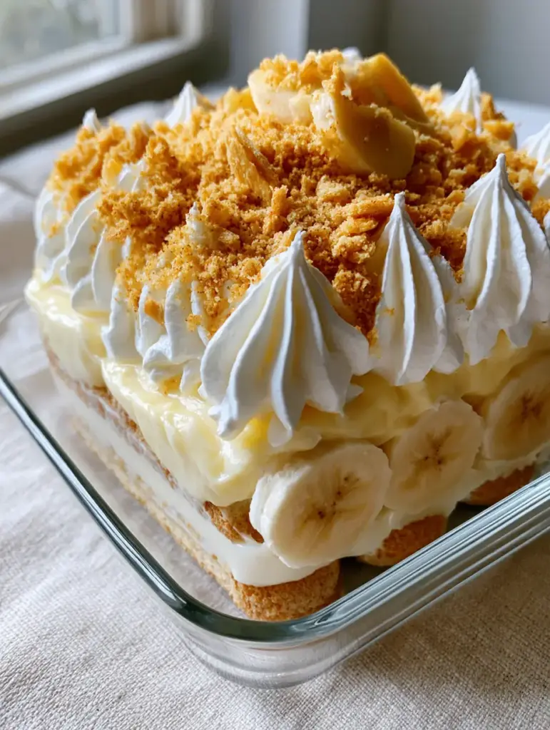 Banana Pudding Tiramisu: The Ultimate No-Bake Fusion Dessert 1 A close-up of uniform banana slices tucked against the glass wall of a layered tiramisu dessert.