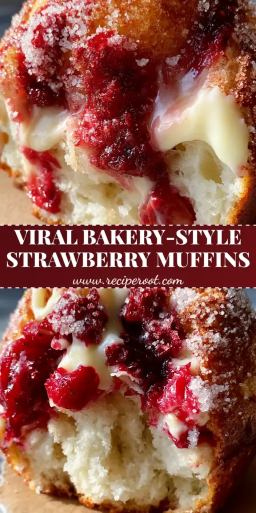 Strawberry white chocolate muffins with Bakery-Style High Domes 4 A close-up of high-domed strawberry white chocolate muffins on marble with sanding sugar sparkling in the sunlight.