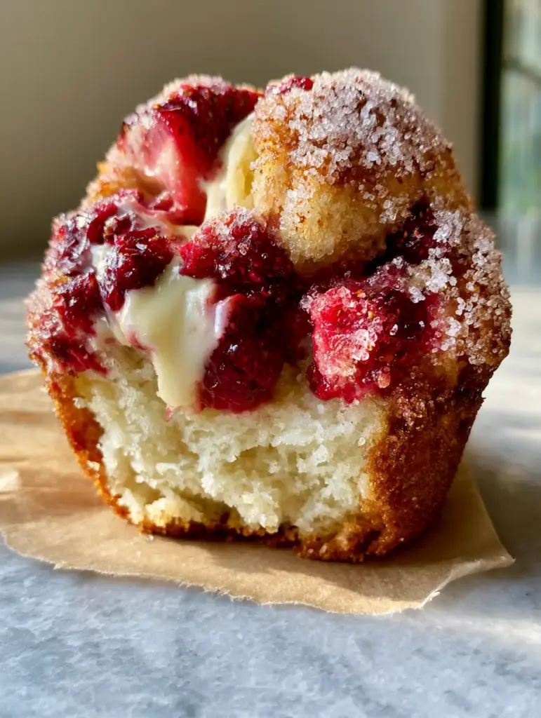 Extreme close-up of a broken strawberry white chocolate muffin revealing a moist yogurt crumb and melted chocolate pools.