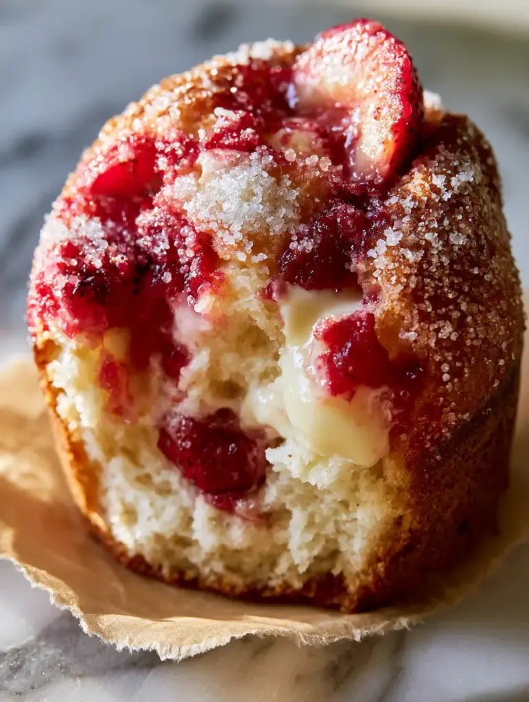 Strawberry white chocolate muffins with Bakery-Style High Domes 1 A craggy-topped strawberry white chocolate muffin with roasted berries and sparkling sugar on torn parchment paper.
