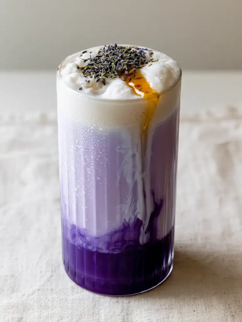 Lavender Milk Tea: The Ultimate Guide to Crafting a Layered Floral Masterpiece 1 Top-down view of lavender milk tea topped with thick foam, honey, and dried lavender buds. (lavender milk tea)