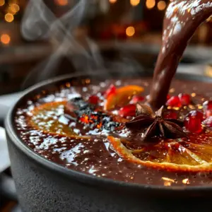 A close-up photo of thick mahogany Fruit Cocoa Punch being poured into a matte charcoal mug with visible steam and tiny surface bubbles.