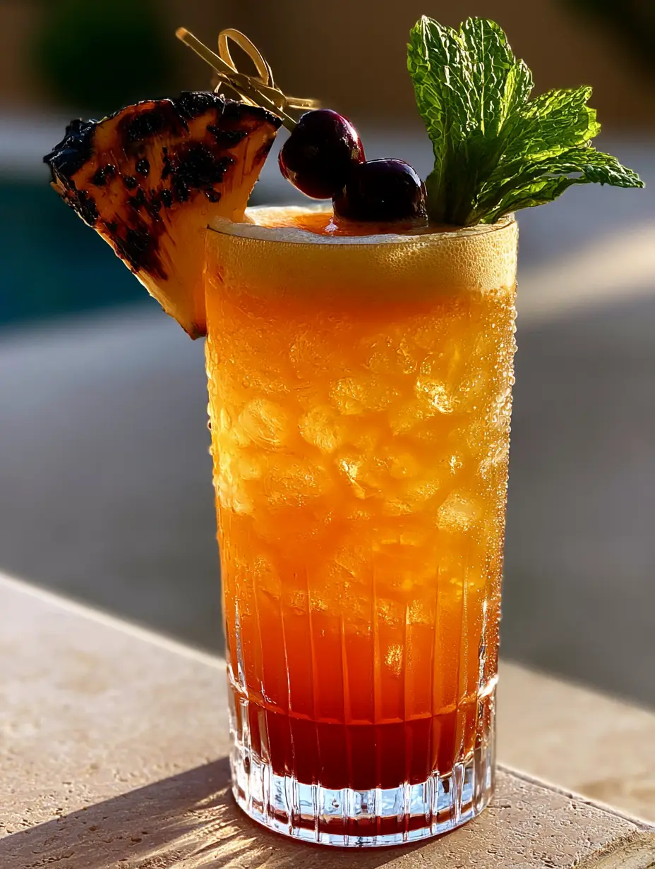 Amaretto Island Punch: The Ultimate Sunset Cocktail for Golden Hour 3 Close up photo of the thick foam head and charred pineapple garnish of an amaretto island punch. (amaretto island punch)