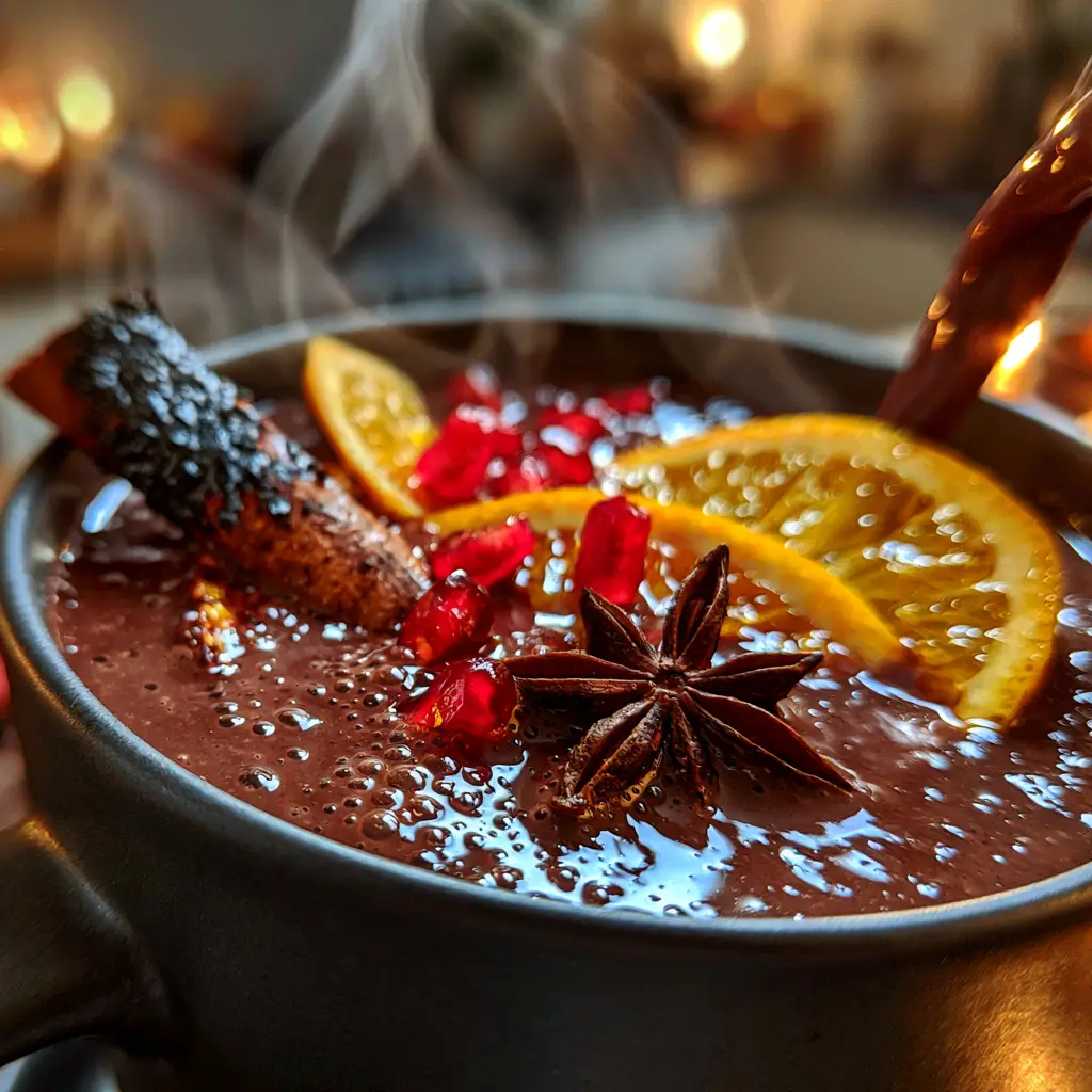 A handheld photo of Fruit Cocoa Punch topped with vibrant orange wheels, a scorched cinnamon stick, and bright pomegranate arils.