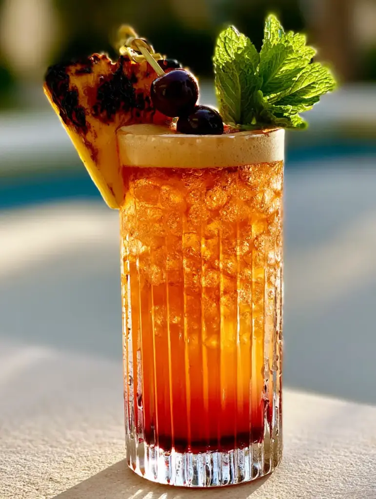 Amaretto Island Punch: The Ultimate Sunset Cocktail for Golden Hour 1 Wide shot of the amaretto island punch showing the gradient from sunset orange to crimson grenadine at the bottom.