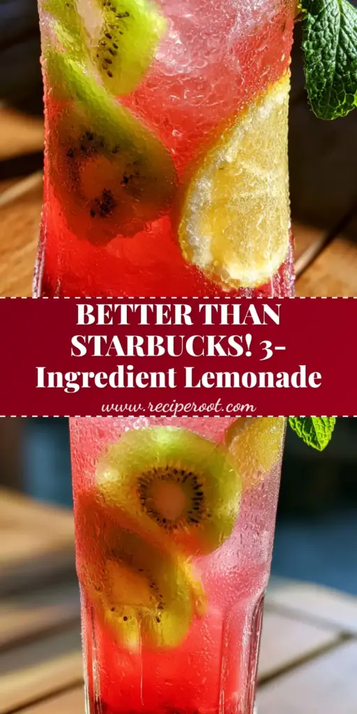 Strawberry-Kiwi Lemonade: The Ultimate Refreshing Summer Drink 4 A tall fluted glass of vibrant pink Strawberry-Kiwi Lemonade with macerated pulp at the bottom, kiwi wheels, and mint garnish on a wooden table. (Strawberry-Kiwi Lemonade)